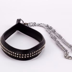 Lamb Leather Handle with 2 Rows of Small Rhinestones and Metal Chain Black