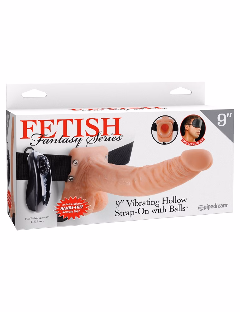 9" Vibrating Hollow Strap-On with Balls Light/Black