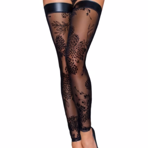 Tulle stockings with patterned flock embroidery - XL