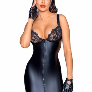 Powerwetlook mini-dress with lace chest and 2-way zipper - M