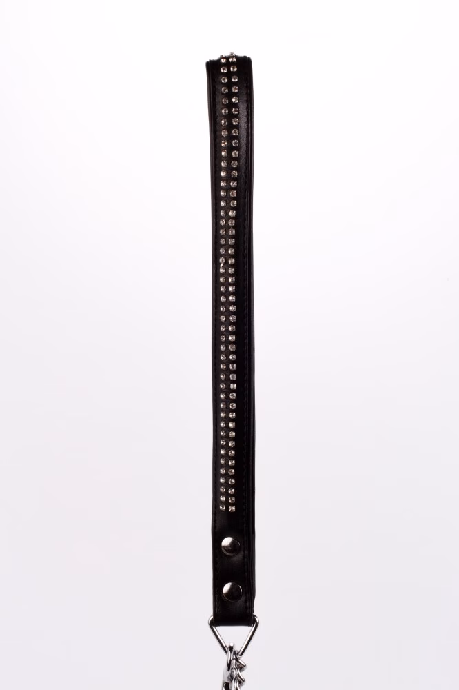 Lamb Leather Handle with 2 Rows of Small Rhinestones and Metal Chain Black - Image 2