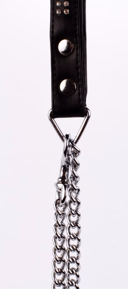 Lamb Leather Handle with 2 Rows of Small Rhinestones and Metal Chain Black - Image 4