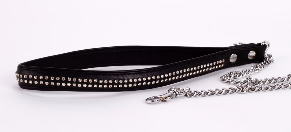 Lamb Leather Handle with 2 Rows of Small Rhinestones and Metal Chain Black - Image 6